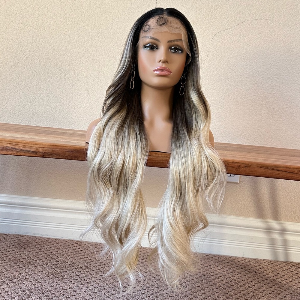 Golden blonde wig ombré black on roots26 inch long lace front middle part